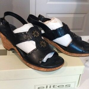 Elites black leather cork wedge comfort sandals NIB